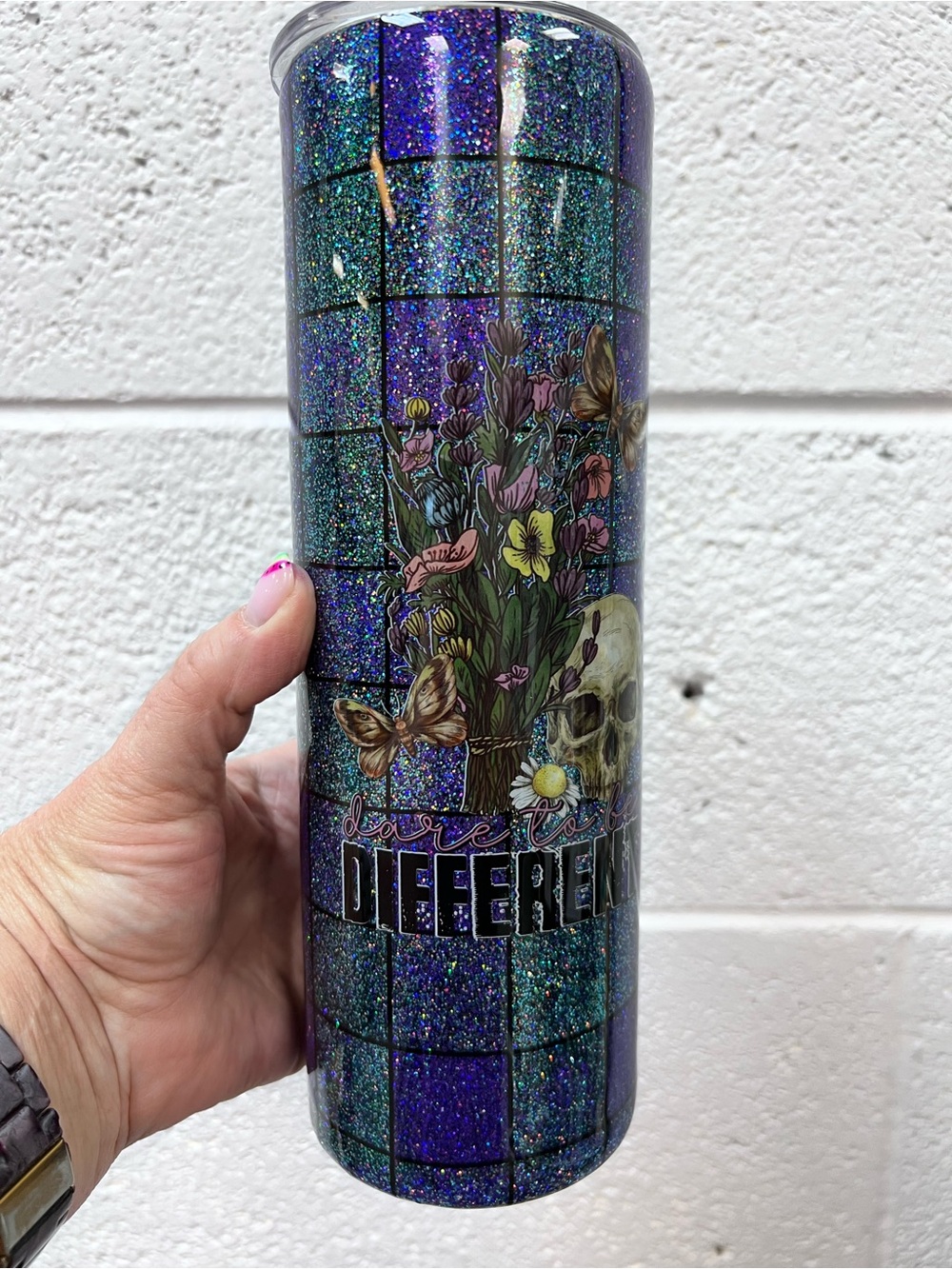 Glitter Mosaic Tumbler with Floral Skull & Butterflies - Teal & Purple